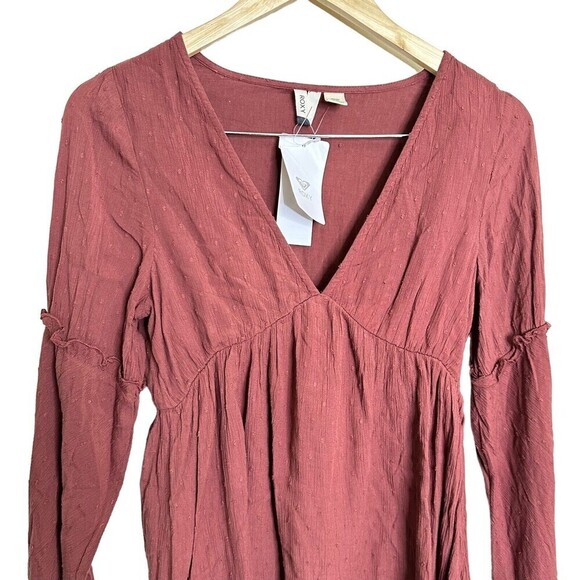 Roxy Rust Pin Dot‎ Beachcomber V-Neck Dress - Juniors Bell Sleeves Size XSmall - Picture 5 of 16